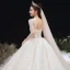 Romantic Champagne See-through Bridal Wedding Dresses 2020 Ball Gown Scoop Neck 3/4 Sleeve Backless Appliques Lace Handmade  Beading Cathedral Train Ruffle