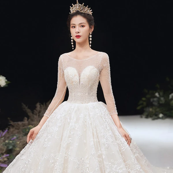 Romantic Champagne See-through Bridal Wedding Dresses 2020 Ball Gown Scoop Neck 3/4 Sleeve Backless Appliques Lace Handmade Beading Cathedral Train Ruffle