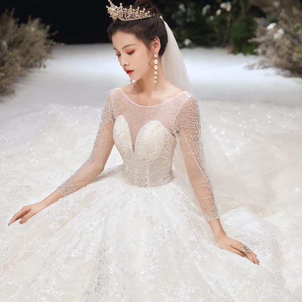 Romantic Champagne See-through Bridal Wedding Dresses 2020 Ball Gown Scoop Neck 3/4 Sleeve Backless Appliques Lace Handmade Beading Cathedral Train Ruffle