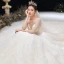 Romantic Champagne See-through Bridal Wedding Dresses 2020 Ball Gown Scoop Neck 3/4 Sleeve Backless Appliques Lace Handmade  Beading Cathedral Train Ruffle