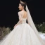 Romantic Champagne See-through Bridal Wedding Dresses 2020 Ball Gown Scoop Neck 3/4 Sleeve Backless Appliques Lace Handmade  Beading Cathedral Train Ruffle