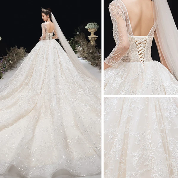 Romantic Champagne See-through Bridal Wedding Dresses 2020 Ball Gown Scoop Neck 3/4 Sleeve Backless Appliques Lace Handmade Beading Cathedral Train Ruffle