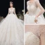 Romantic Champagne See-through Bridal Wedding Dresses 2020 Ball Gown Scoop Neck 3/4 Sleeve Backless Appliques Lace Handmade  Beading Cathedral Train Ruffle