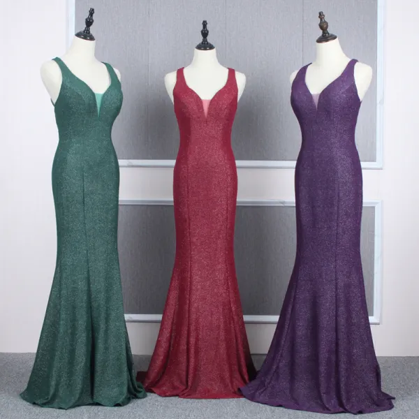 Affordable Evening Dresses  2020 Trumpet / Mermaid Shoulders Sleeveless Glitter Polyester Floor-Length / Long Ruffle Backless Formal Dresses