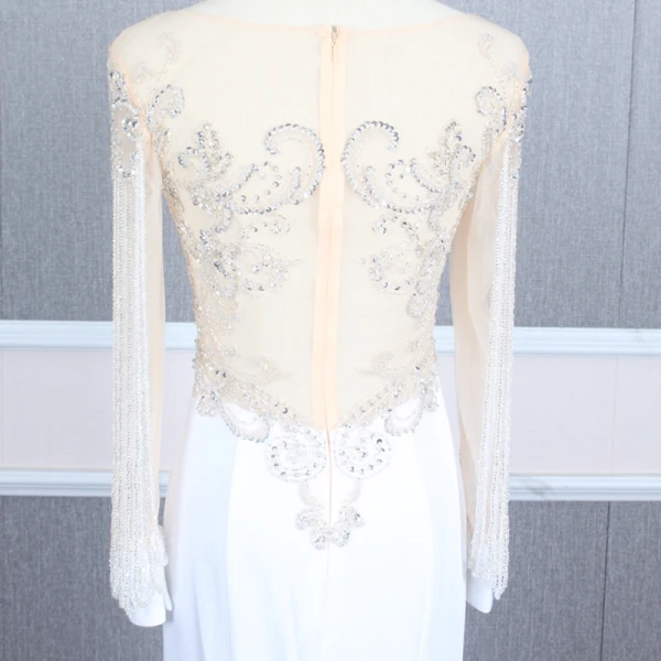 Haut de Gamme Blanche Transparentes Robe De Soirée 2020 Trompette / Sirène Encolure Dégagée Gonflée Manches Longues Perlage Train De Balayage Robe De Ceremonie