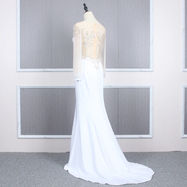 Haut de Gamme Blanche Transparentes Robe De Soirée 2020 Trompette / Sirène Encolure Dégagée Gonflée Manches Longues Perlage Train De Balayage Robe De Ceremonie