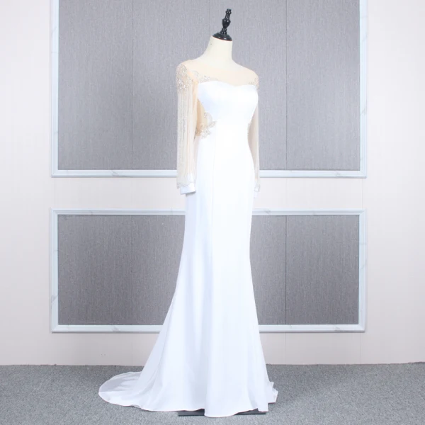 Haut de Gamme Blanche Transparentes Robe De Soirée 2020 Trompette / Sirène Encolure Dégagée Gonflée Manches Longues Perlage Train De Balayage Robe De Ceremonie