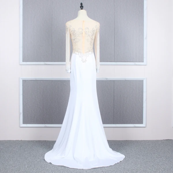 Haut de Gamme Blanche Transparentes Robe De Soirée 2020 Trompette / Sirène Encolure Dégagée Gonflée Manches Longues Perlage Train De Balayage Robe De Ceremonie