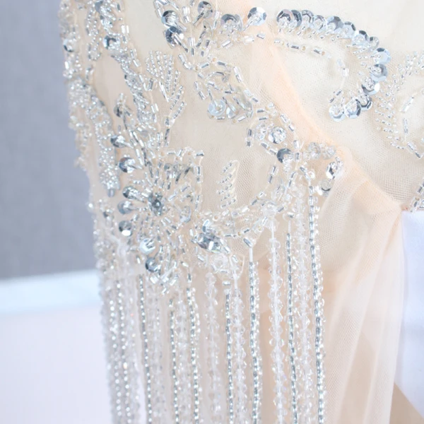 Haut de Gamme Blanche Transparentes Robe De Soirée 2020 Trompette / Sirène Encolure Dégagée Gonflée Manches Longues Perlage Train De Balayage Robe De Ceremonie