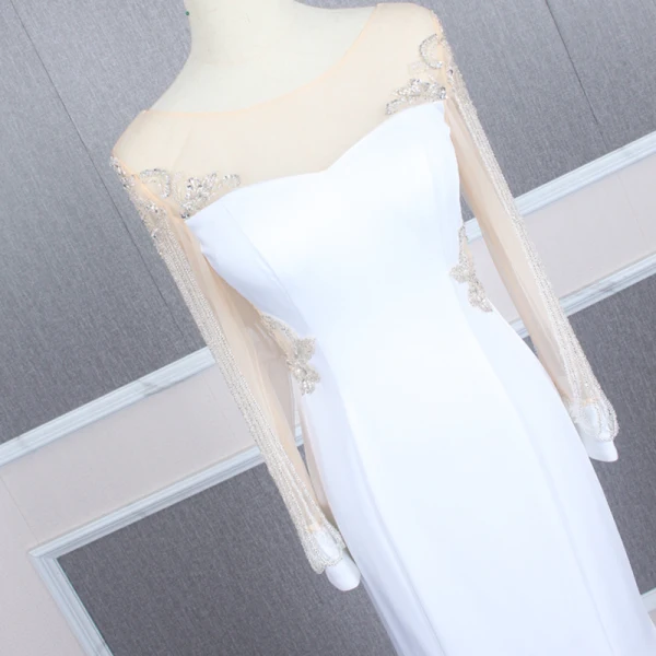 Haut de Gamme Blanche Transparentes Robe De Soirée 2020 Trompette / Sirène Encolure Dégagée Gonflée Manches Longues Perlage Train De Balayage Robe De Ceremonie