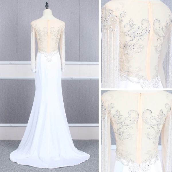 Haut de Gamme Blanche Transparentes Robe De Soirée 2020 Trompette / Sirène Encolure Dégagée Gonflée Manches Longues Perlage Train De Balayage Robe De Ceremonie