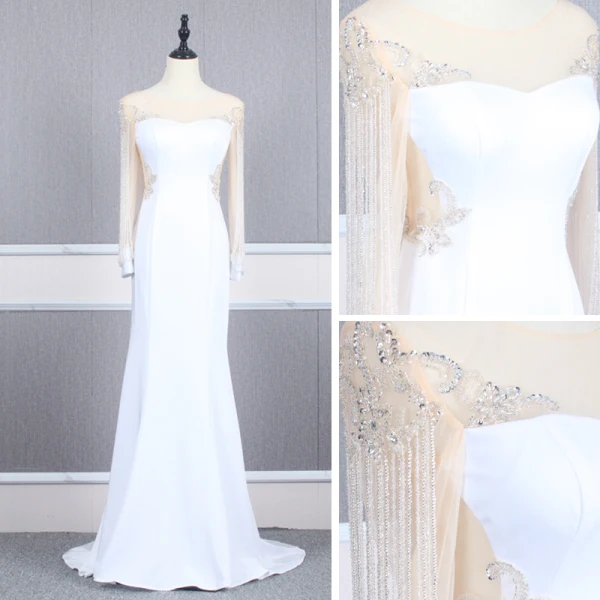 Haut de Gamme Blanche Transparentes Robe De Soirée 2020 Trompette / Sirène Encolure Dégagée Gonflée Manches Longues Perlage Train De Balayage Robe De Ceremonie
