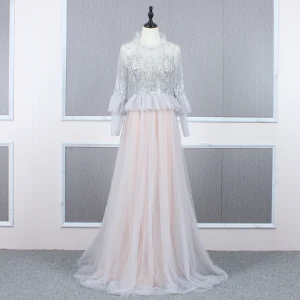 Vintage Retro Grey See Through Evening Dresses 2020 A Line Princess High Neck Long Sleeve Beading Sweep Train Ruffle Formal Dresses