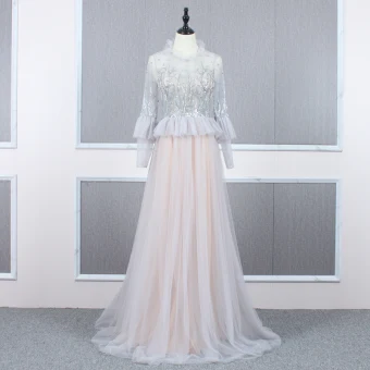 Vintage Originale Gris Transparentes Robe De Soirée 2020 Princesse Col Haut Manches Longues Perlage Train De Balayage Volants Robe De Ceremonie