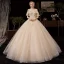 Bäst Champagne Brud Bröllopsklänningar 2020 Balklänning Av Axeln Korta ärm Halterneck Glittriga / Glitter Tyll Appliqués Blomma Beading Cathedral Train Ruffle