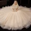 Bäst Champagne Brud Bröllopsklänningar 2020 Balklänning Av Axeln Korta ärm Halterneck Glittriga / Glitter Tyll Appliqués Blomma Beading Cathedral Train Ruffle