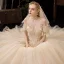 Bäst Champagne Brud Bröllopsklänningar 2020 Balklänning Av Axeln Korta ärm Halterneck Glittriga / Glitter Tyll Appliqués Blomma Beading Cathedral Train Ruffle