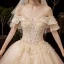 Bäst Champagne Brud Bröllopsklänningar 2020 Balklänning Av Axeln Korta ärm Halterneck Glittriga / Glitter Tyll Appliqués Blomma Beading Cathedral Train Ruffle