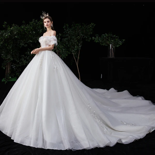 Bäst Champagne Brud Bröllopsklänningar 2020 Balklänning Av Axeln Korta ärm Halterneck Glittriga / Glitter Tyll Appliqués Blomma Beading Cathedral Train Ruffle