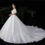 Bäst Champagne Brud Bröllopsklänningar 2020 Balklänning Av Axeln Korta ärm Halterneck Glittriga / Glitter Tyll Appliqués Blomma Beading Cathedral Train Ruffle