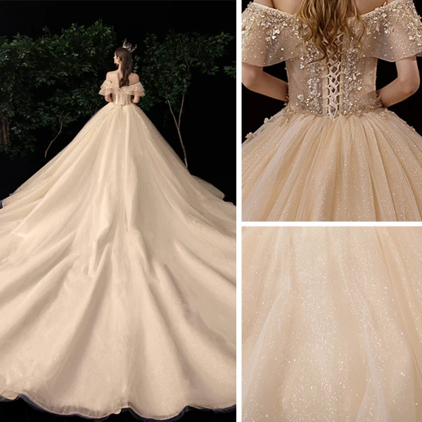 Bäst Champagne Brud Bröllopsklänningar 2020 Balklänning Av Axeln Korta ärm Halterneck Glittriga / Glitter Tyll Appliqués Blomma Beading Cathedral Train Ruffle