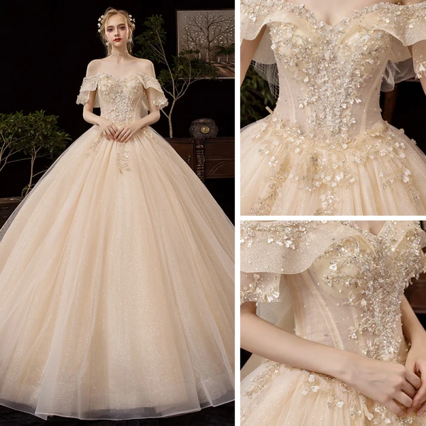 Bäst Champagne Brud Bröllopsklänningar 2020 Balklänning Av Axeln Korta ärm Halterneck Glittriga / Glitter Tyll Appliqués Blomma Beading Cathedral Train Ruffle
