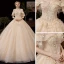 Bäst Champagne Brud Bröllopsklänningar 2020 Balklänning Av Axeln Korta ärm Halterneck Glittriga / Glitter Tyll Appliqués Blomma Beading Cathedral Train Ruffle