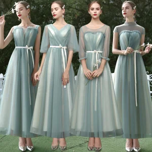 Affordable Sage Green Bridesmaid Dresses 2020 A Line Princess Sash Ankle Length Ruffle Backless Wedding Party Dresses