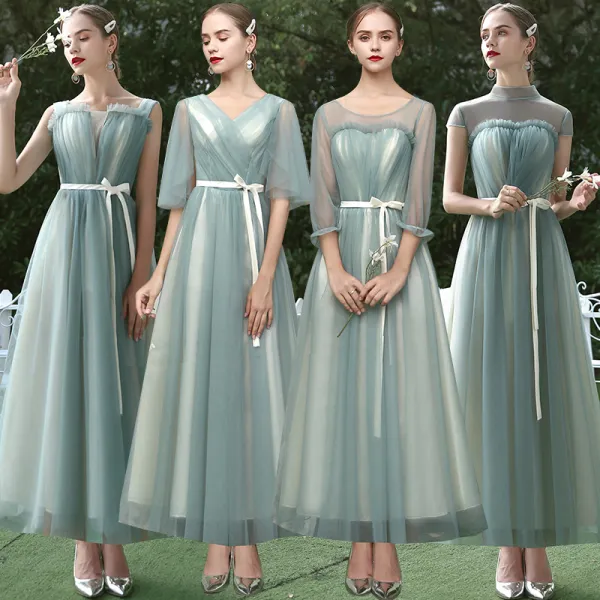 Asequible Verde Salvia Vestidos De Damas De Honor 2020 A-Line / Princess Cinturón La altura del tobillo Ruffle Sin Espalda Vestidos para bodas
