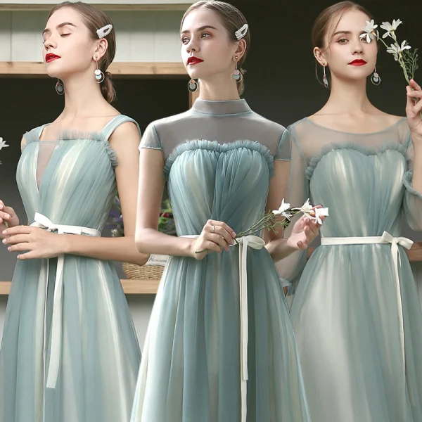 Affordable Sage Green Bridesmaid Dresses 2020 A-Line / Princess Sash Ankle Length Ruffle Backless Wedding Party Dresses