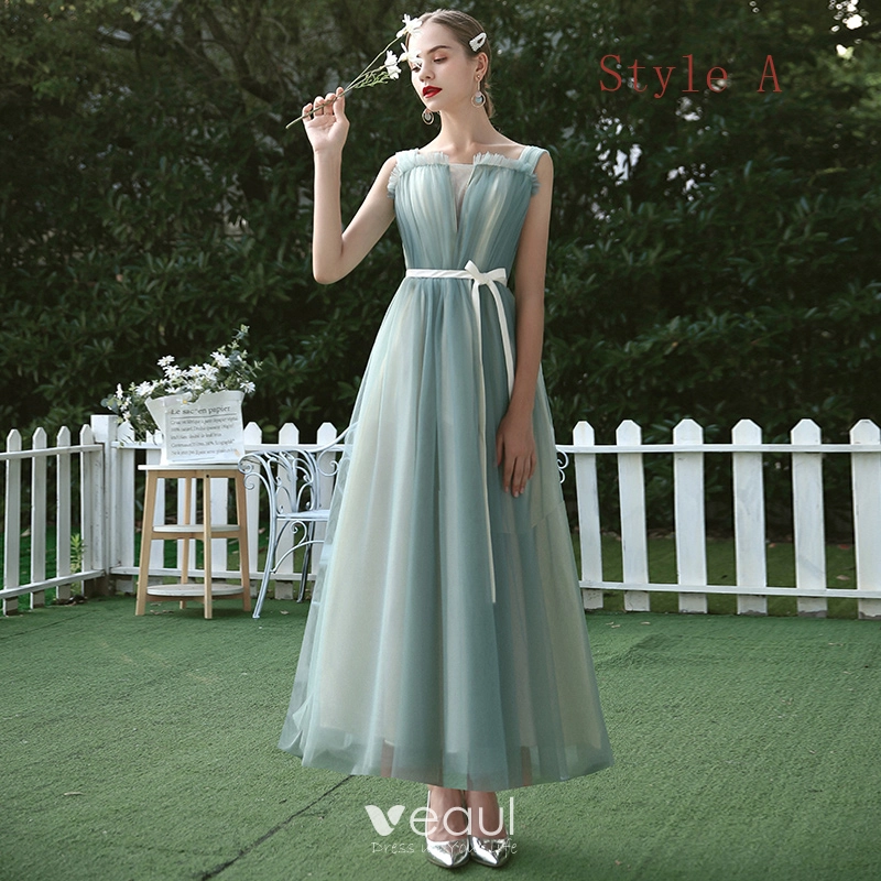 Affordable Sage Green Bridesmaid Dresses 2020 A-Line Princess Sash Ankle Length Ruffle