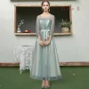 Asequible Verde Salvia Vestidos De Damas De Honor 2020 A-Line / Princess Cinturón La altura del tobillo Ruffle Sin Espalda Vestidos para bodas