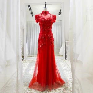 Chinese Style Red See Through Evening Dresses 2018 A Line Princess High Neck Short Sleeve Appliques Lace Beading Sweep Train Ruffle Backless Formal Dresses