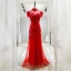 Style Chinois Rouge Transparentes Robe De Soirée 2018 Princesse Col Haut Manches Courtes Appliques En Dentelle Perlage Train De Balayage Volants Dos Nu Robe De Ceremonie