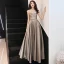 Elegante Braun Durchsichtige Abendkleider 2019 A Linie Rundhalsausschnitt Ärmellos Glanz Polyester Strass Perlenstickerei Lange Rüschen Rückenfreies Festliche Kleider