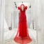 Style Chinois Rouge Transparentes Robe De Soirée 2018 Princesse Col Haut Manches Courtes Appliques En Dentelle Perlage Train De Balayage Volants Dos Nu Robe De Ceremonie