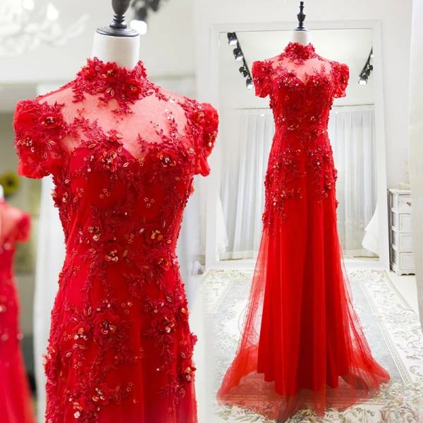 Style Chinois Rouge Transparentes Robe De Soirée 2018 Princesse Col Haut Manches Courtes Appliques En Dentelle Perlage Train De Balayage Volants Dos Nu Robe De Ceremonie