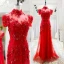 Style Chinois Rouge Transparentes Robe De Soirée 2018 Princesse Col Haut Manches Courtes Appliques En Dentelle Perlage Train De Balayage Volants Dos Nu Robe De Ceremonie