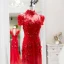 Style Chinois Rouge Transparentes Robe De Soirée 2018 Princesse Col Haut Manches Courtes Appliques En Dentelle Perlage Train De Balayage Volants Dos Nu Robe De Ceremonie