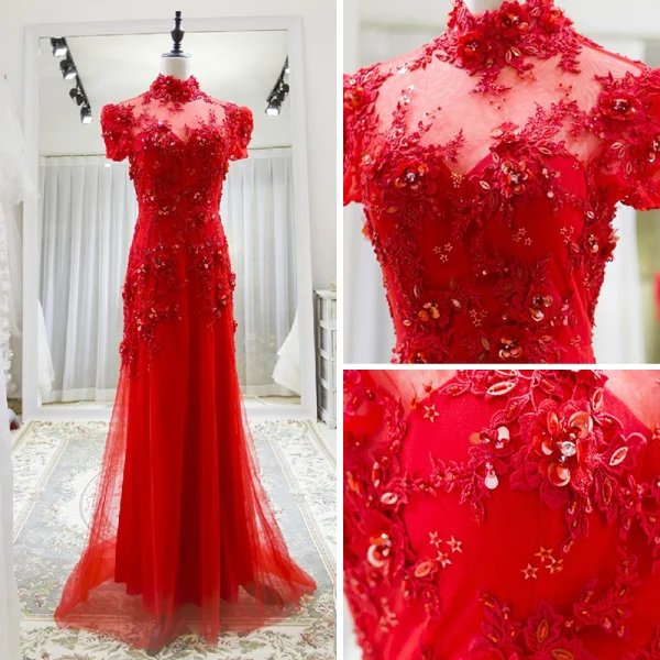 Style Chinois Rouge Transparentes Robe De Soirée 2018 Princesse Col Haut Manches Courtes Appliques En Dentelle Perlage Train De Balayage Volants Dos Nu Robe De Ceremonie