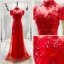 Style Chinois Rouge Transparentes Robe De Soirée 2018 Princesse Col Haut Manches Courtes Appliques En Dentelle Perlage Train De Balayage Volants Dos Nu Robe De Ceremonie