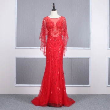 Haut De Gamme Rouge Transparentes Robe De Soirée 2020 Trompette Sirène Encolure Dégagée Manches Longues Perlage Tribunal Train Robe De Ceremonie