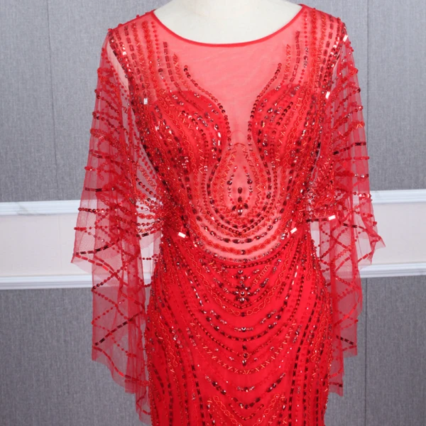 Haut de Gamme Rouge Transparentes Robe De Soirée 2020 Trompette / Sirène Encolure Dégagée Manches Longues Perlage Tribunal Train Robe De Ceremonie