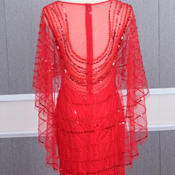 Haut de Gamme Rouge Transparentes Robe De Soirée 2020 Trompette / Sirène Encolure Dégagée Manches Longues Perlage Tribunal Train Robe De Ceremonie