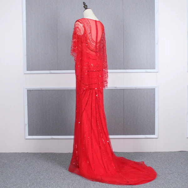 Haut de Gamme Rouge Transparentes Robe De Soirée 2020 Trompette / Sirène Encolure Dégagée Manches Longues Perlage Tribunal Train Robe De Ceremonie