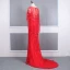 Haut de Gamme Rouge Transparentes Robe De Soirée 2020 Trompette / Sirène Encolure Dégagée Manches Longues Perlage Tribunal Train Robe De Ceremonie