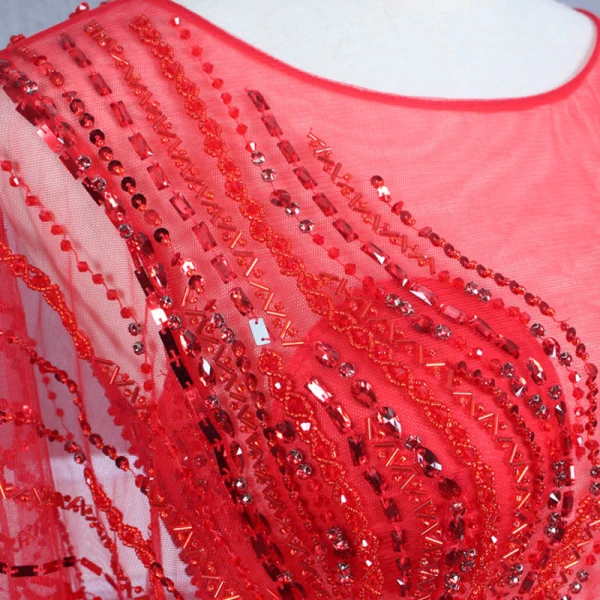 Haut de Gamme Rouge Transparentes Robe De Soirée 2020 Trompette / Sirène Encolure Dégagée Manches Longues Perlage Tribunal Train Robe De Ceremonie