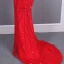 Haut de Gamme Rouge Transparentes Robe De Soirée 2020 Trompette / Sirène Encolure Dégagée Manches Longues Perlage Tribunal Train Robe De Ceremonie