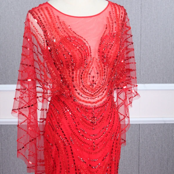 Haut de Gamme Rouge Transparentes Robe De Soirée 2020 Trompette / Sirène Encolure Dégagée Manches Longues Perlage Tribunal Train Robe De Ceremonie