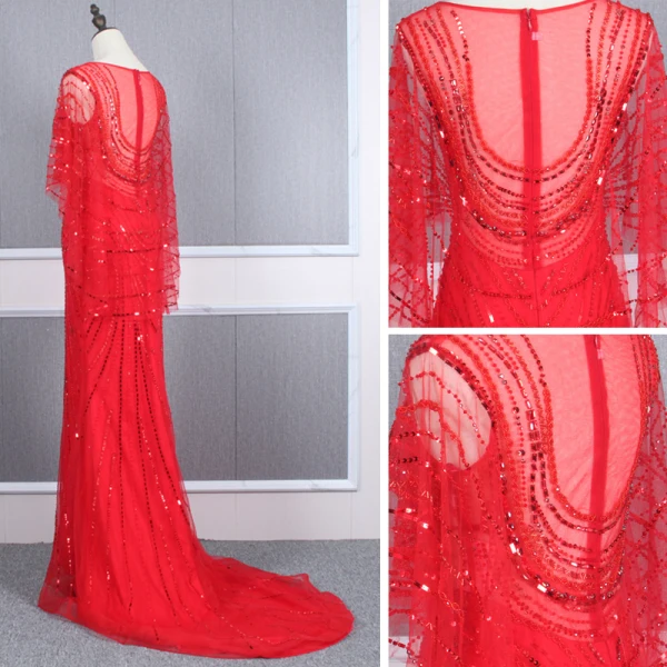 Haut de Gamme Rouge Transparentes Robe De Soirée 2020 Trompette / Sirène Encolure Dégagée Manches Longues Perlage Tribunal Train Robe De Ceremonie